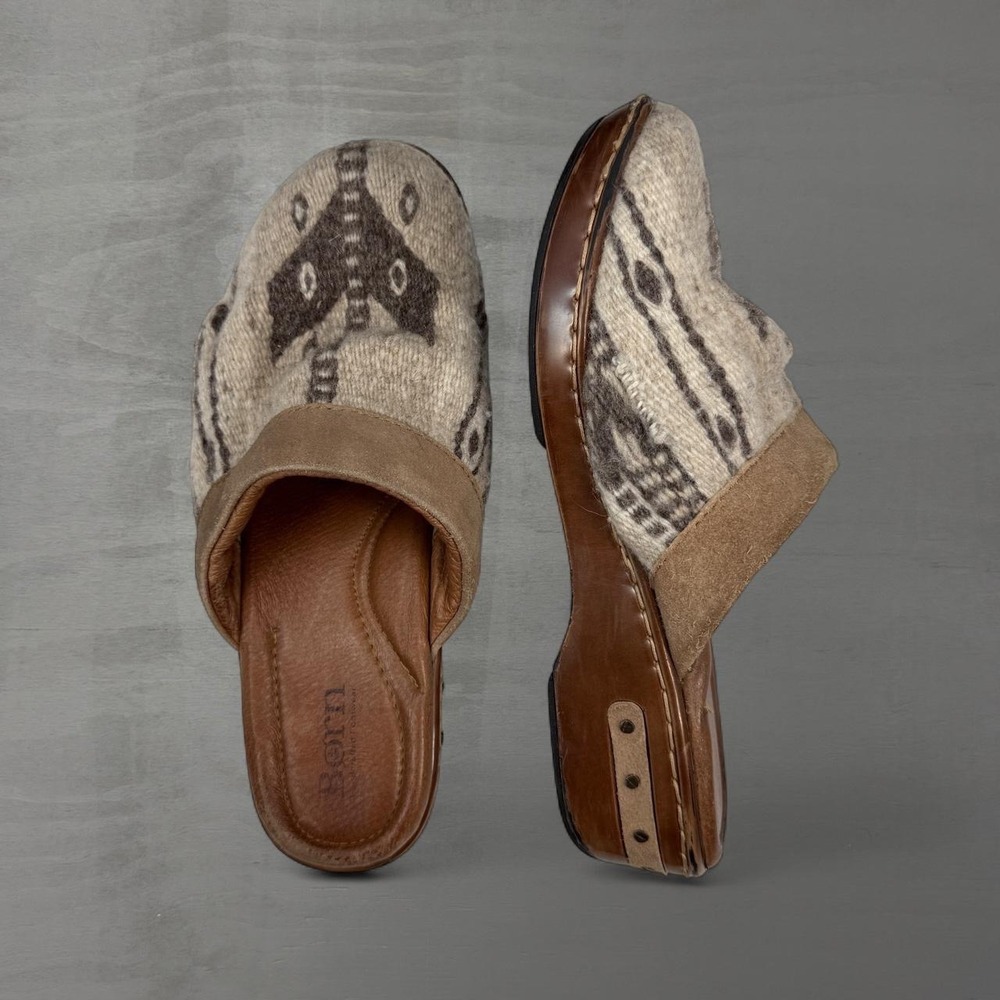 Born Handcrafted Clogs Brown Wool Southwestern Moth Mules 8/39.5